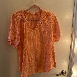 Peach S/S mixed material V-neck top